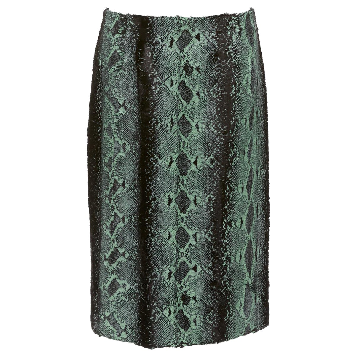 DRIES VAN NOTEN green painted snake print furry midi skirt FR36 S For Sale