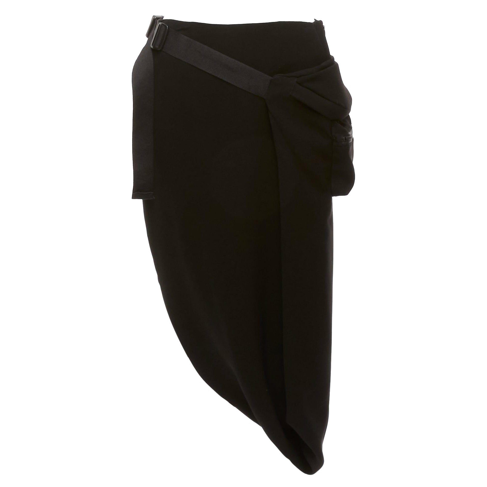 PUSH BUTTON black fabric belt bag buckle insert drape mid waist midi skirt S For Sale