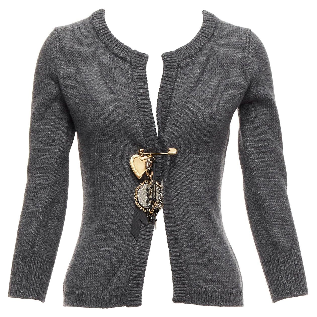 DOLCE GABBANA grey gold Sicily baroque heart ribbon charm pin cardigan  IT36 XXS For Sale