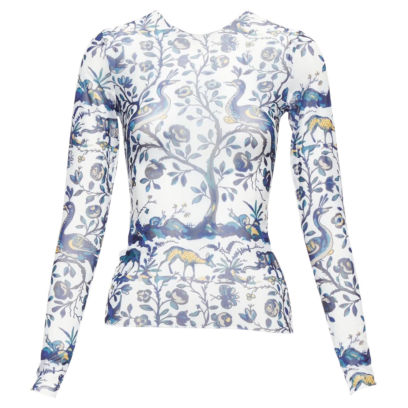 MARQUES ALMEIDA blue white animal floral print mesh long sleeve top XS For Sale