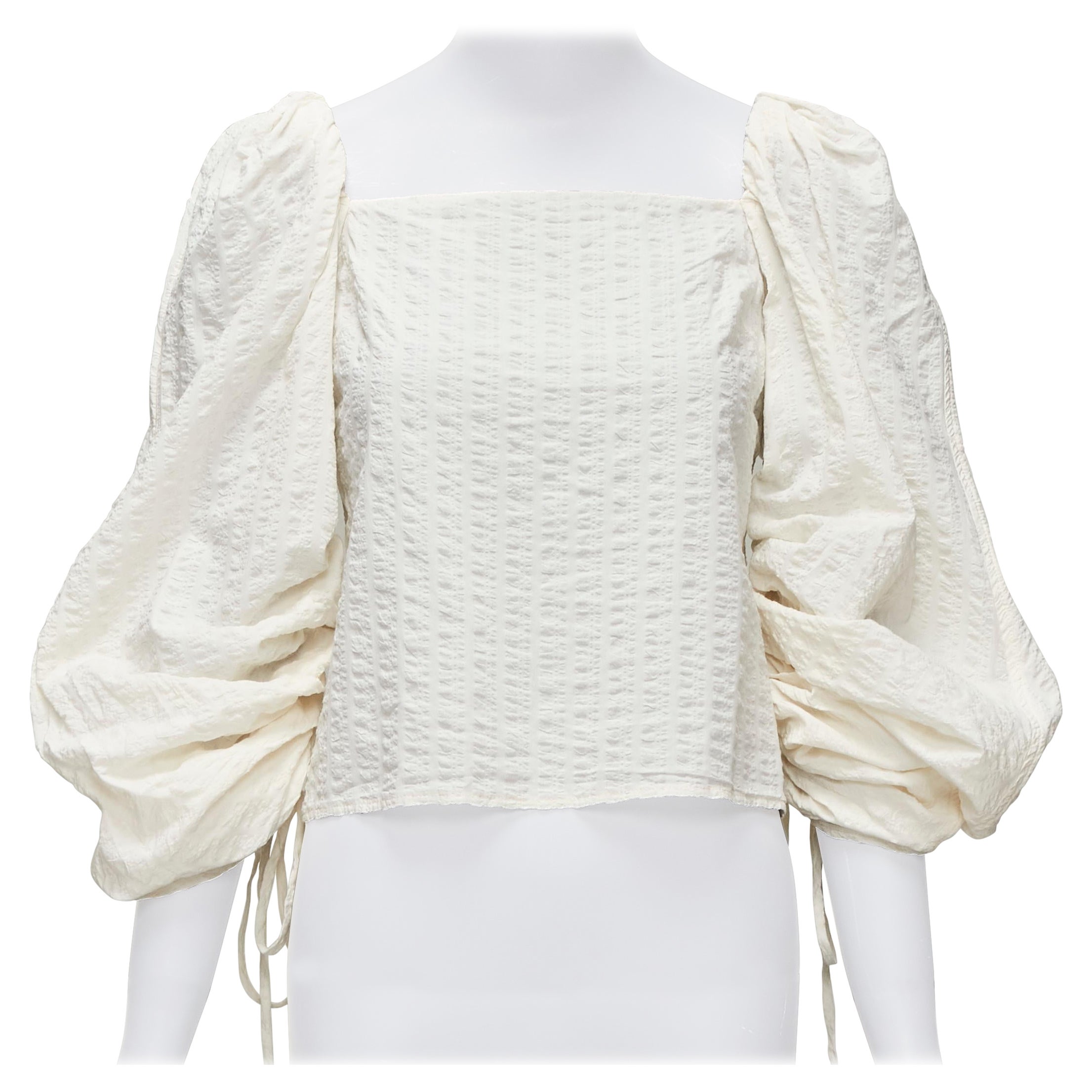 REGINA PYO cream cotton square neck ruched puff sleeves cropped peasant top S For Sale