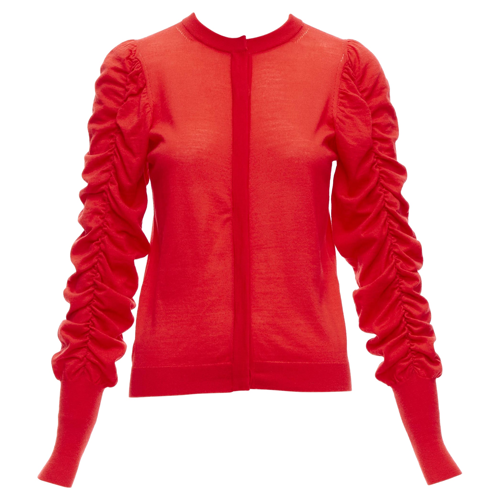 DICE KAYEK red 100% wool ruched sleeves crew neck cardigan sweater FR36 S For Sale