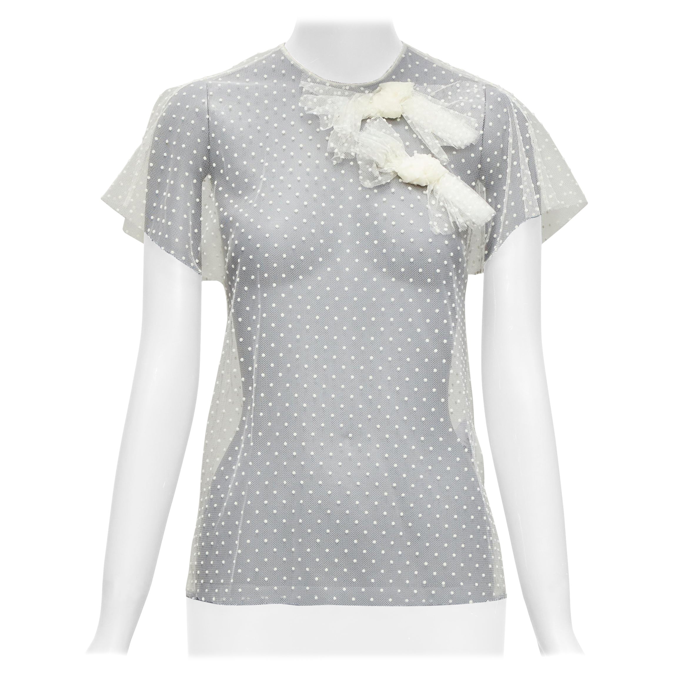 RED VALENTINO cream polka dot lace asymmetric bow collar sheer top IT38 XS For Sale