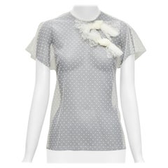 RED VALENTINO cream polka dot lace asymmetric bow collar sheer top IT38 XS