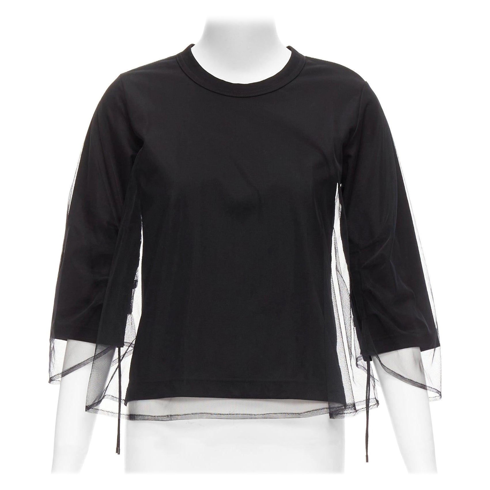NOIR KEI NINOMIYA 2018 black cotton sheer tulle overlay ruched sleeves tshirt XS For Sale