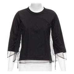 NOIR KEI NINOMIYA 2018 black cotton sheer tulle overlay ruched sleeves tshirt XS