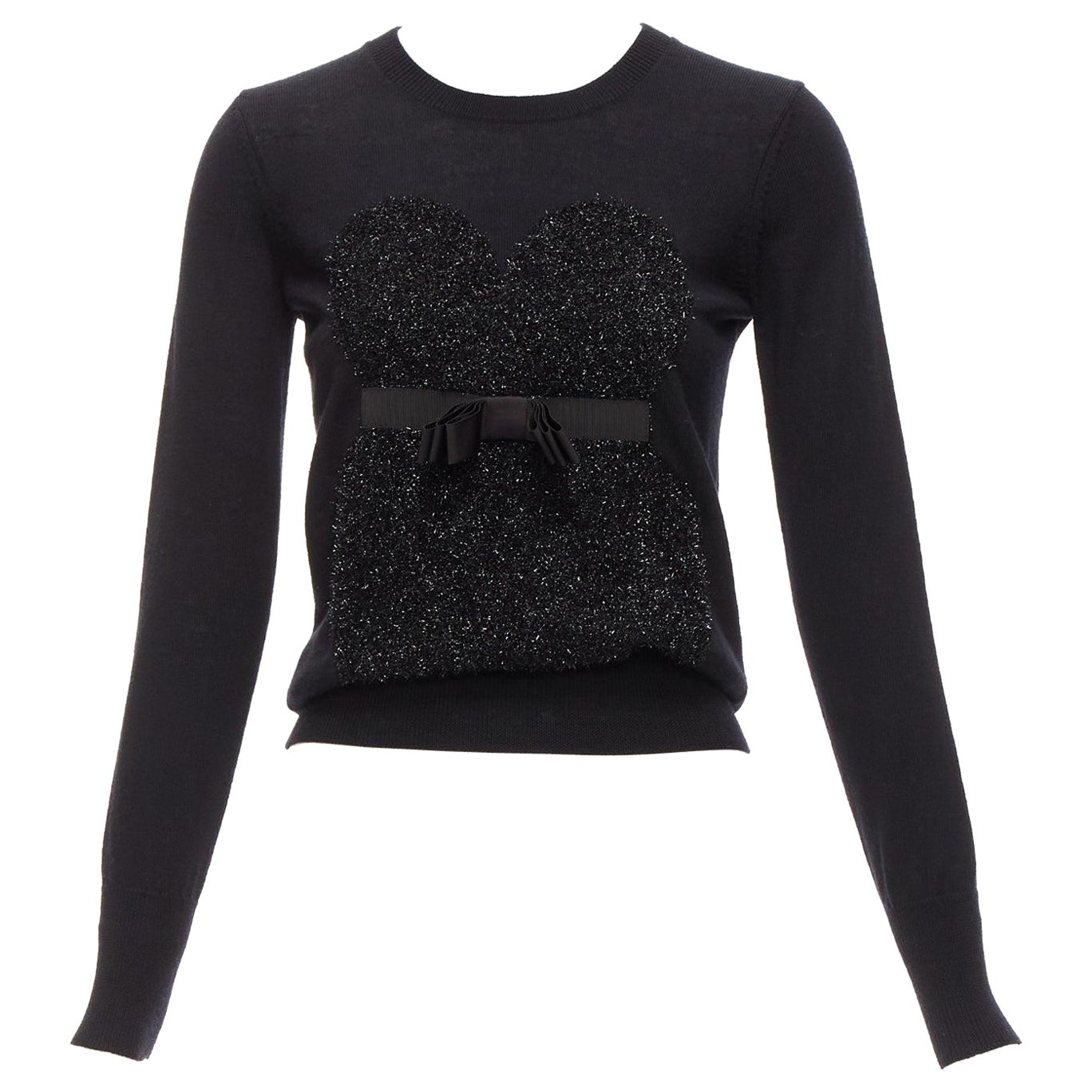 MARKUS LUPFER black merino wool blend tinsel bow corset intarsia sweater XS For Sale