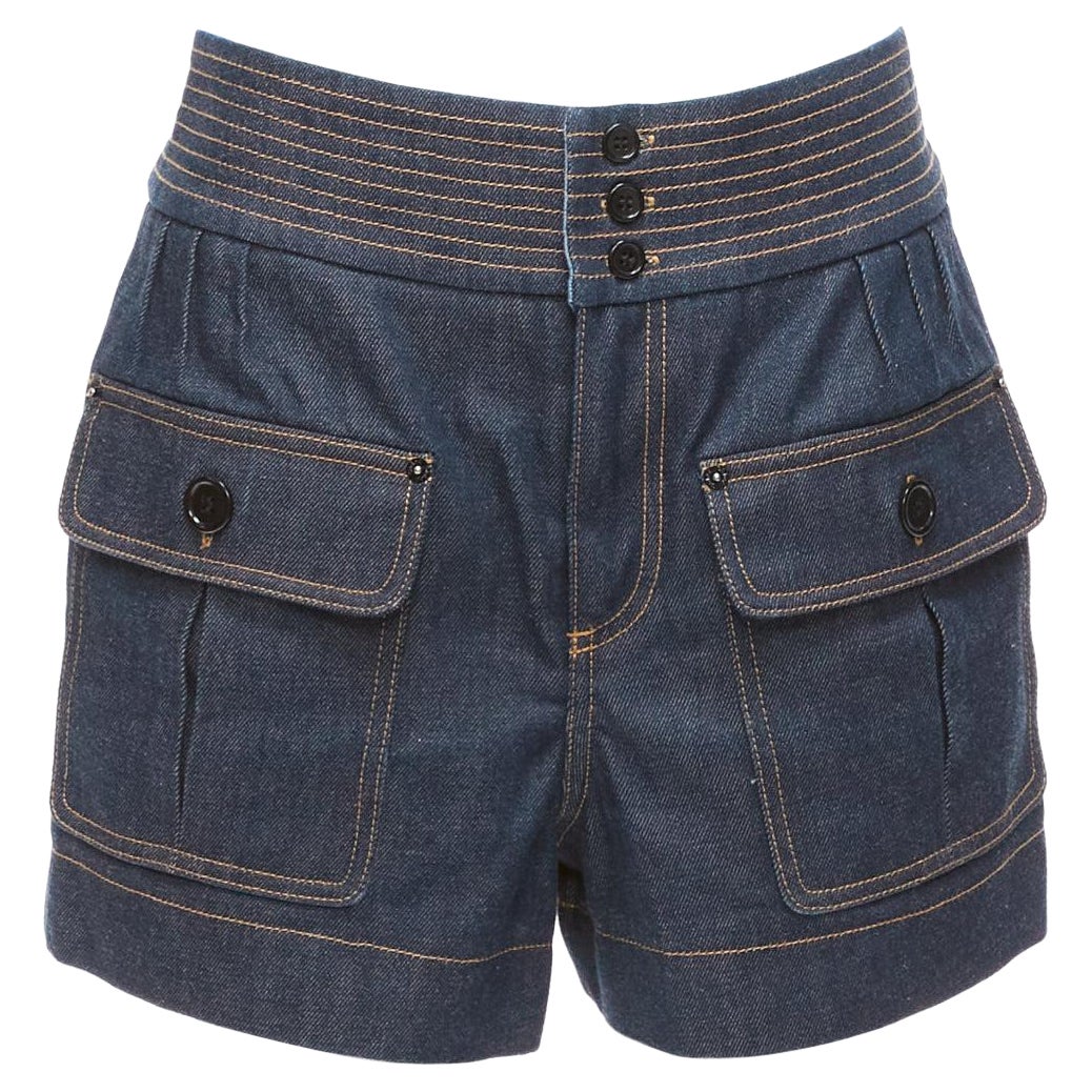 CHLOE blue cotton raw denim yellow topstitched cargo pocket shorts FR36 S For Sale