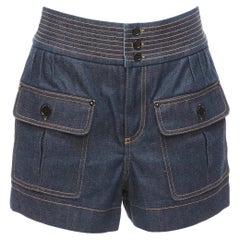 CHLOE Blaue Baumwoll-Kurzarm-Taschen Shorts aus rohem Denim mit gelbem Steppstich FR36 S