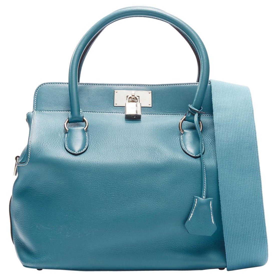 HERMES Toolbox 26 teal blue grained leather SHW top handle satchel For Sale