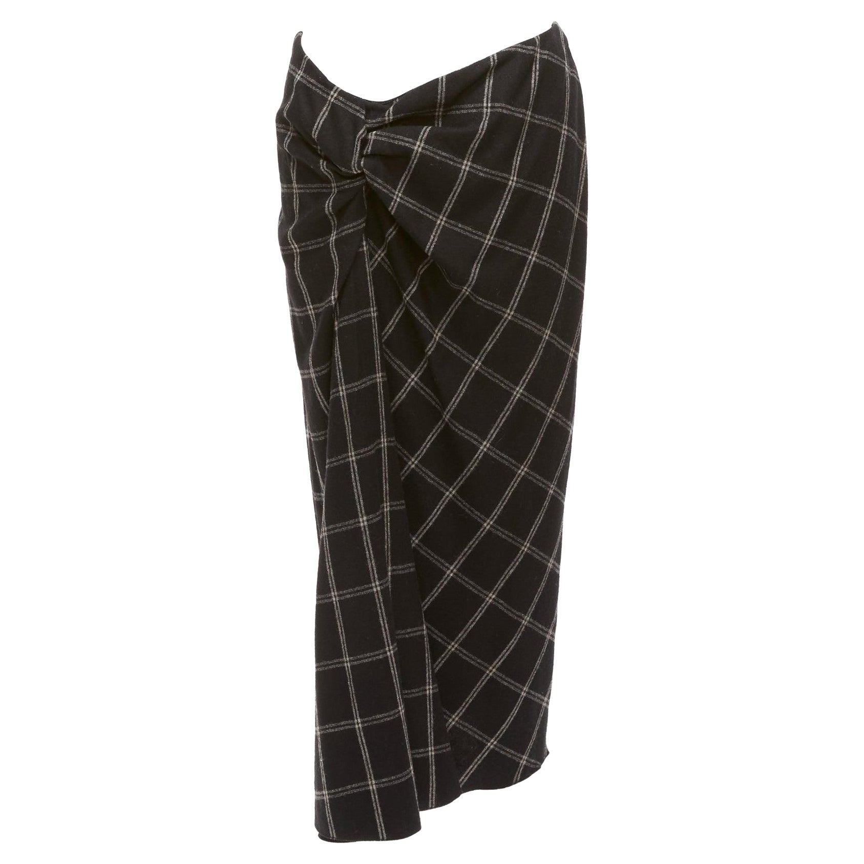 LANVIN 2015 grey black checked wool blend drape knot midi skirt FR38 M For Sale