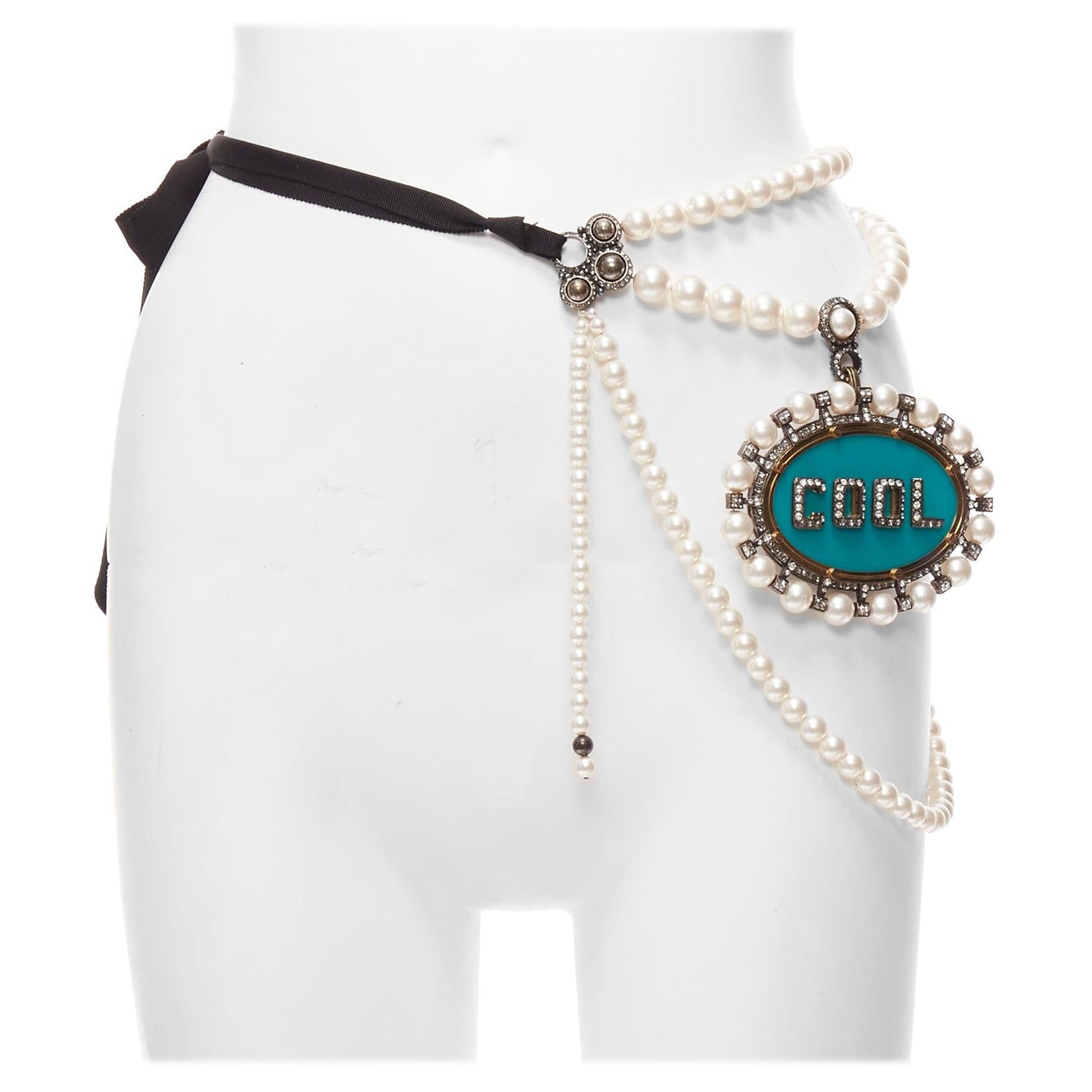 LANVIN 2013 Alber Elbaz blue COOL pendant pearl ribbon tiered belt necklace