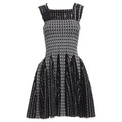 ALAIA black white scallop ruffle eyelet jacquard knitted fit flare dress FR36 S