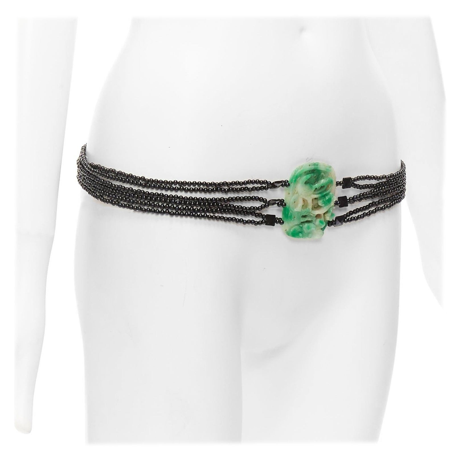 JENNIFER POLLOCK green oriental chinese stamp jade black beads chain belt For Sale