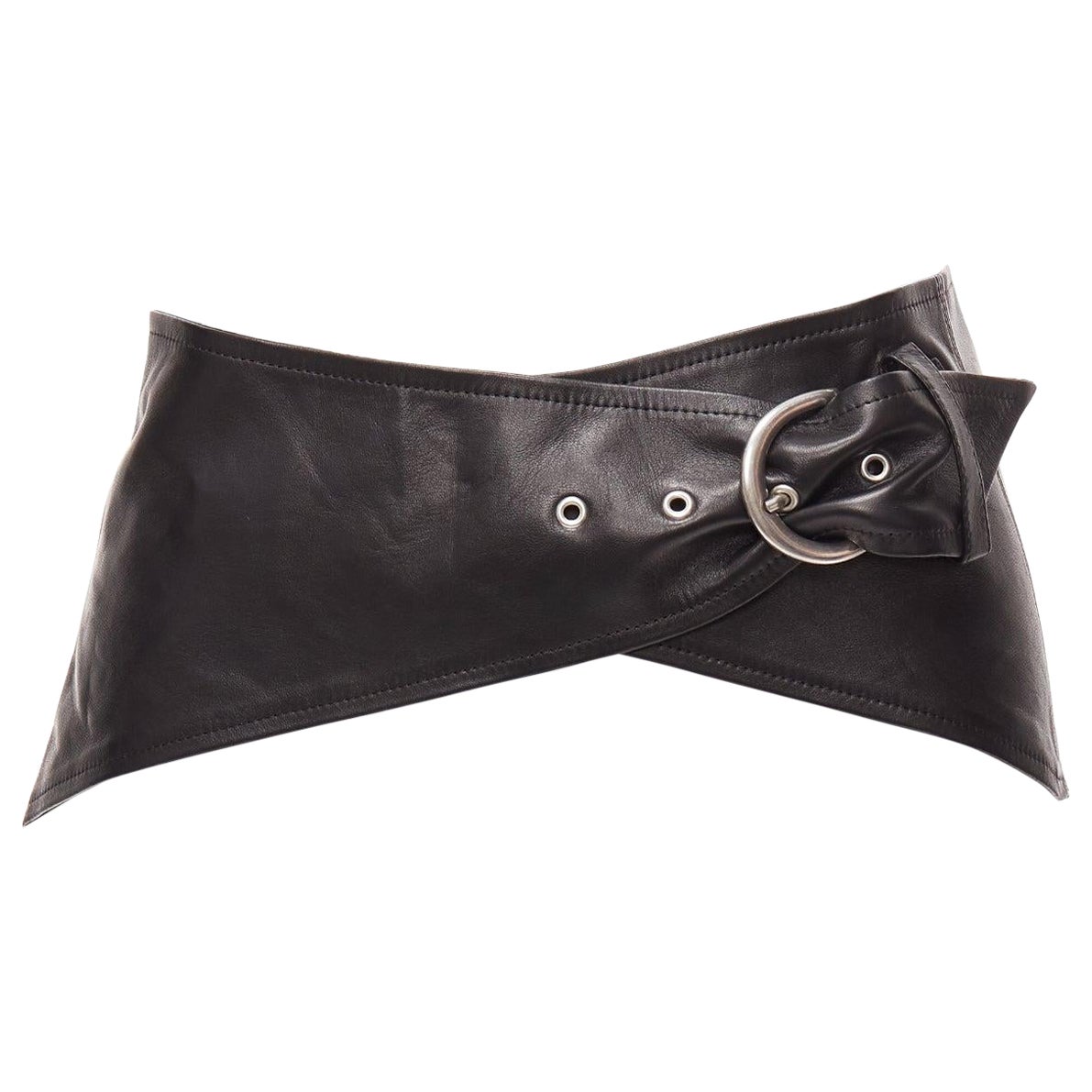 ISABEL MARANT Mosa black calf leather silver metal ring cotton lined belt 70cm For Sale
