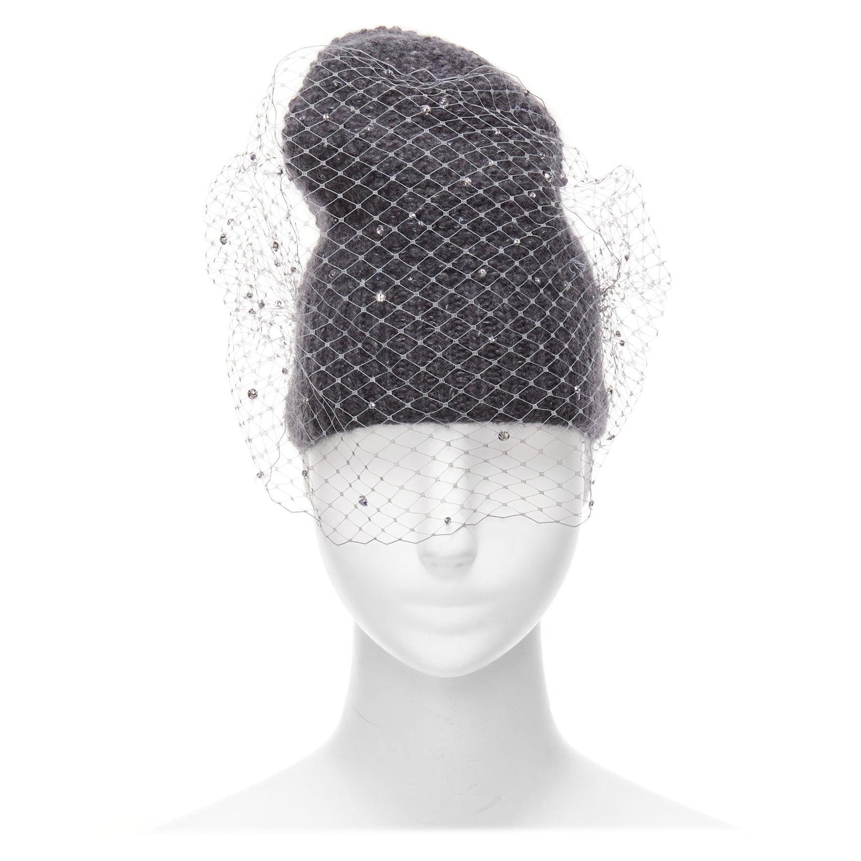 JENNIFER BEHR grey charcoal crystal beads veil round top beanie hat For Sale
