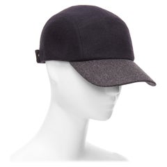 HERMES navy grey 100% virgin wool 4 panels logo snap button cap Sz.38