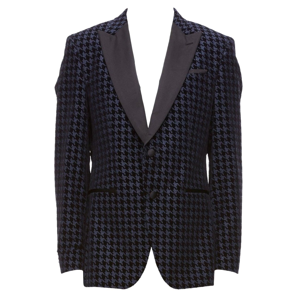 Boss By Hugo Boss 2019 in lana vergine, seta, pied de poule in velluto navy, blazer da smoking IT50 L. in vendita