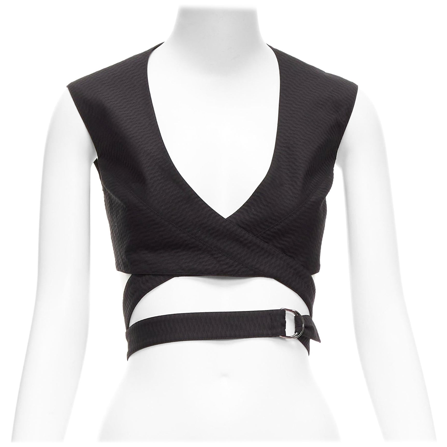 ALAIA black cotton textured jacquard wrap tie belt buckle crop top FR36 S For Sale