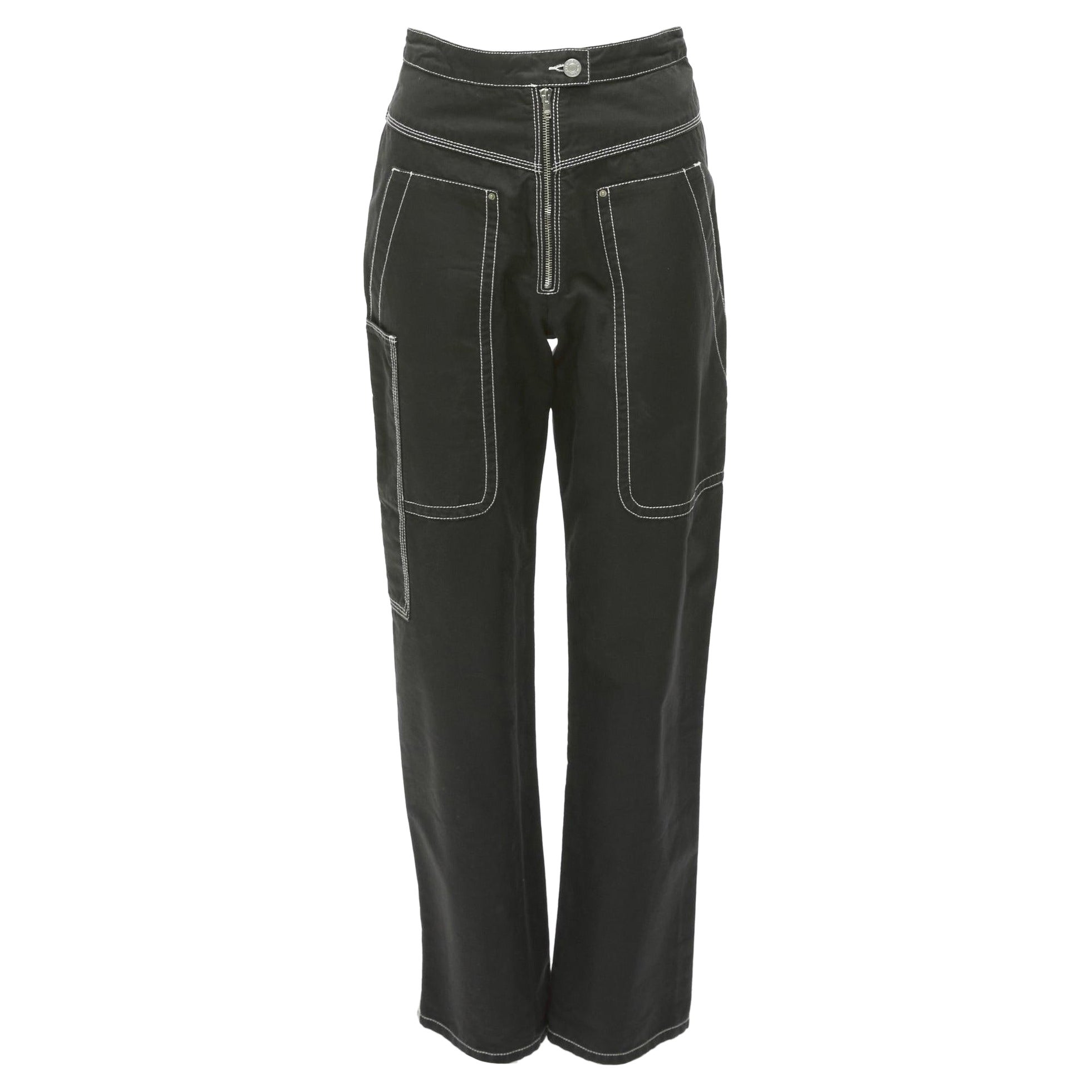 ISABEL MARANT Schwarz-Weiß-Baumwoll-Teppichhose mit Topstitch und Tasche FR36 S im Angebot
