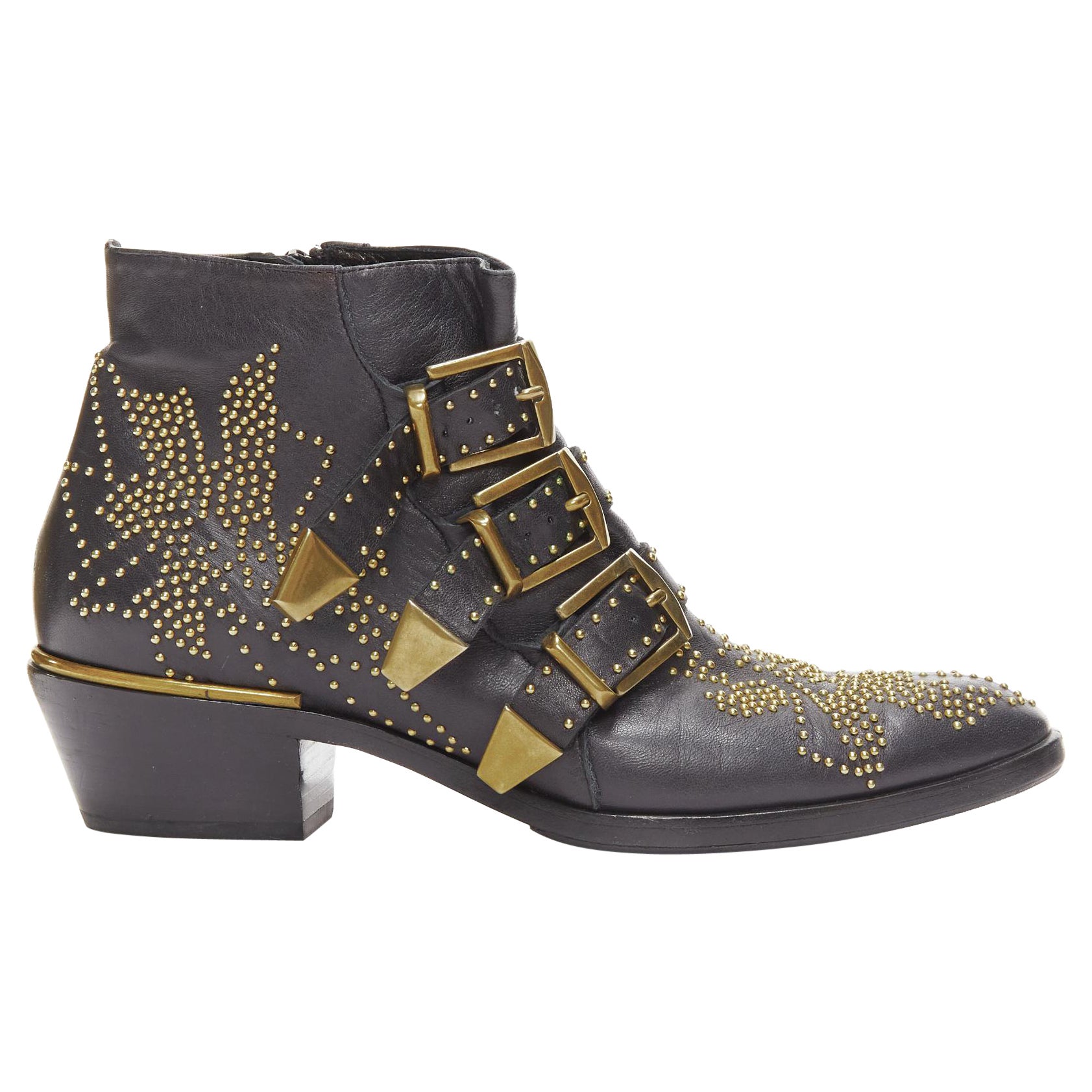 CHLOE Susanna black gold micro stud floral embellished buckle ankle boot EU37 For Sale