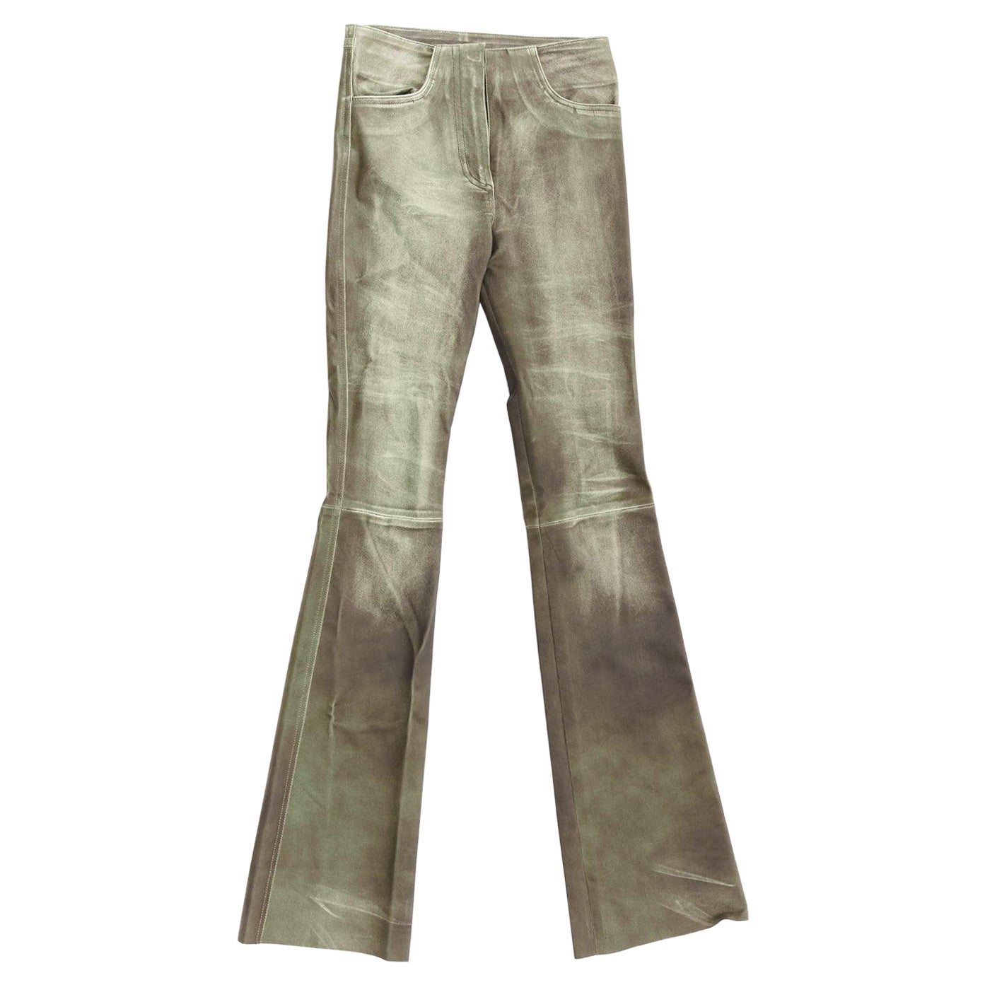 JITROIS grey washed leather mid waist patchwork flare cropped pants IT34 XXS For Sale