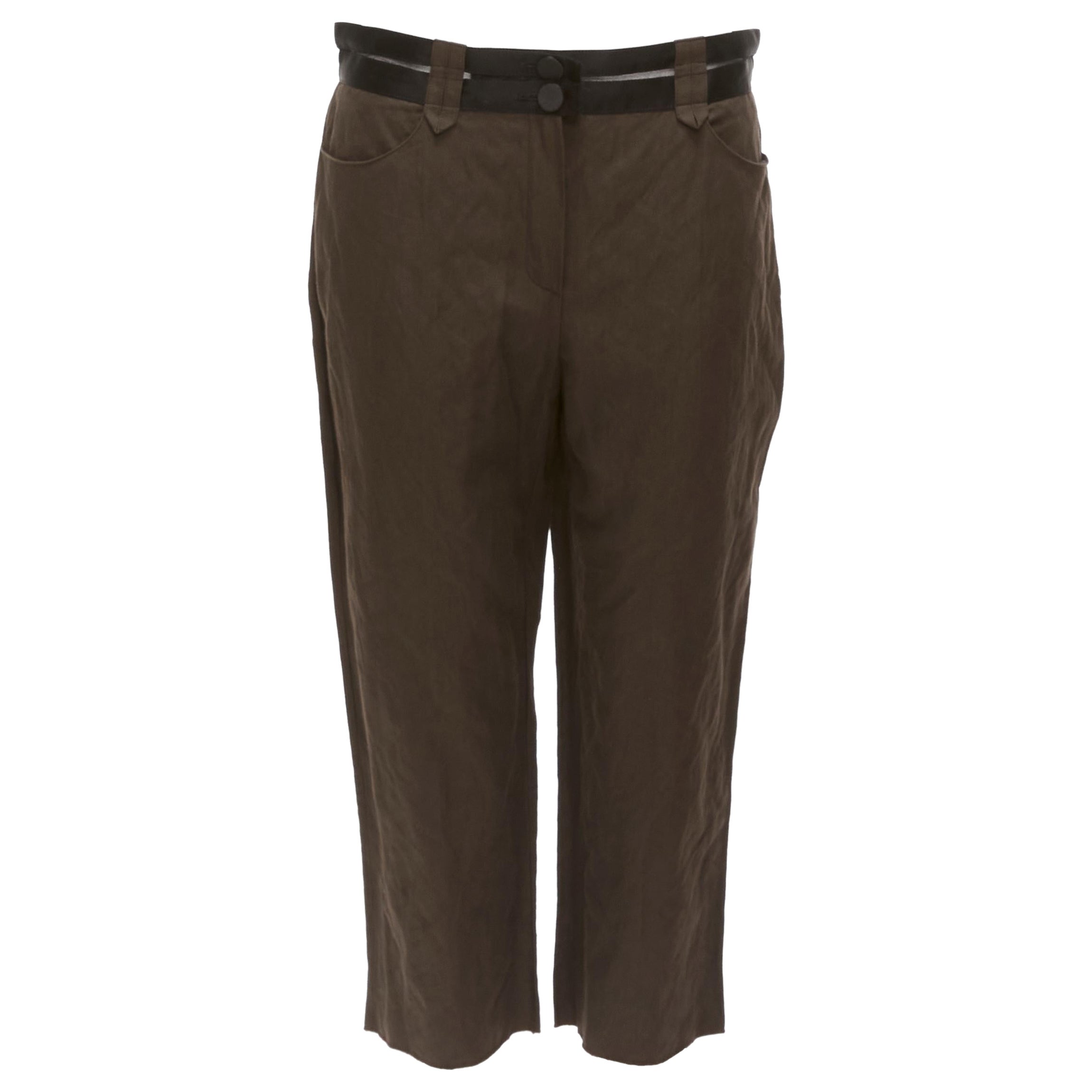 LANVIN 2005 brun foncé noir coton mélangé ceinture transparente pantalon crop FR40 L