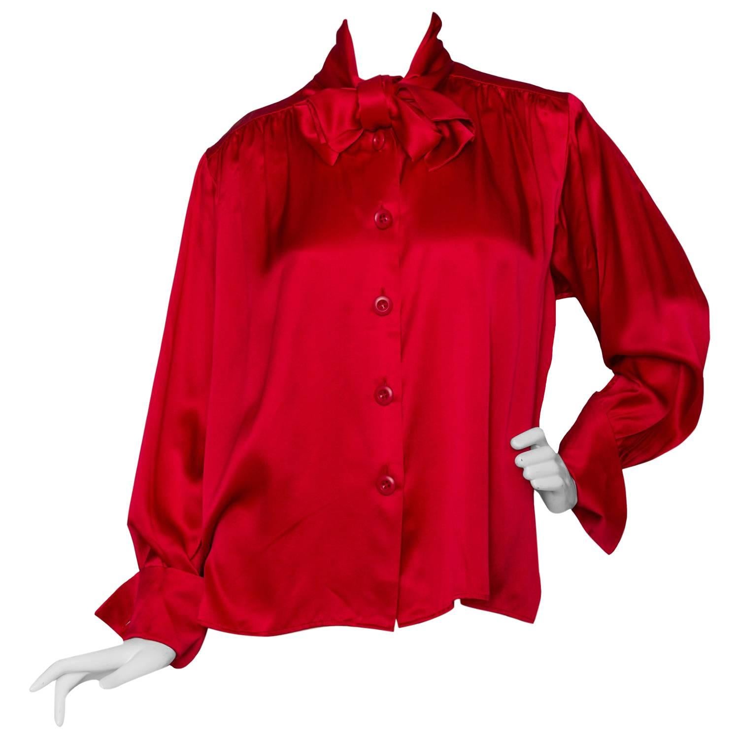 A 1980s Vintage Fire Engine Red Yves Saint Laurent Silk Blouse W Pussy Bow For Sale