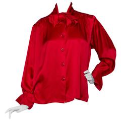 A 1980s Vintage Fire Engine Red Yves Saint Laurent Silk Blouse W Pussy Bow