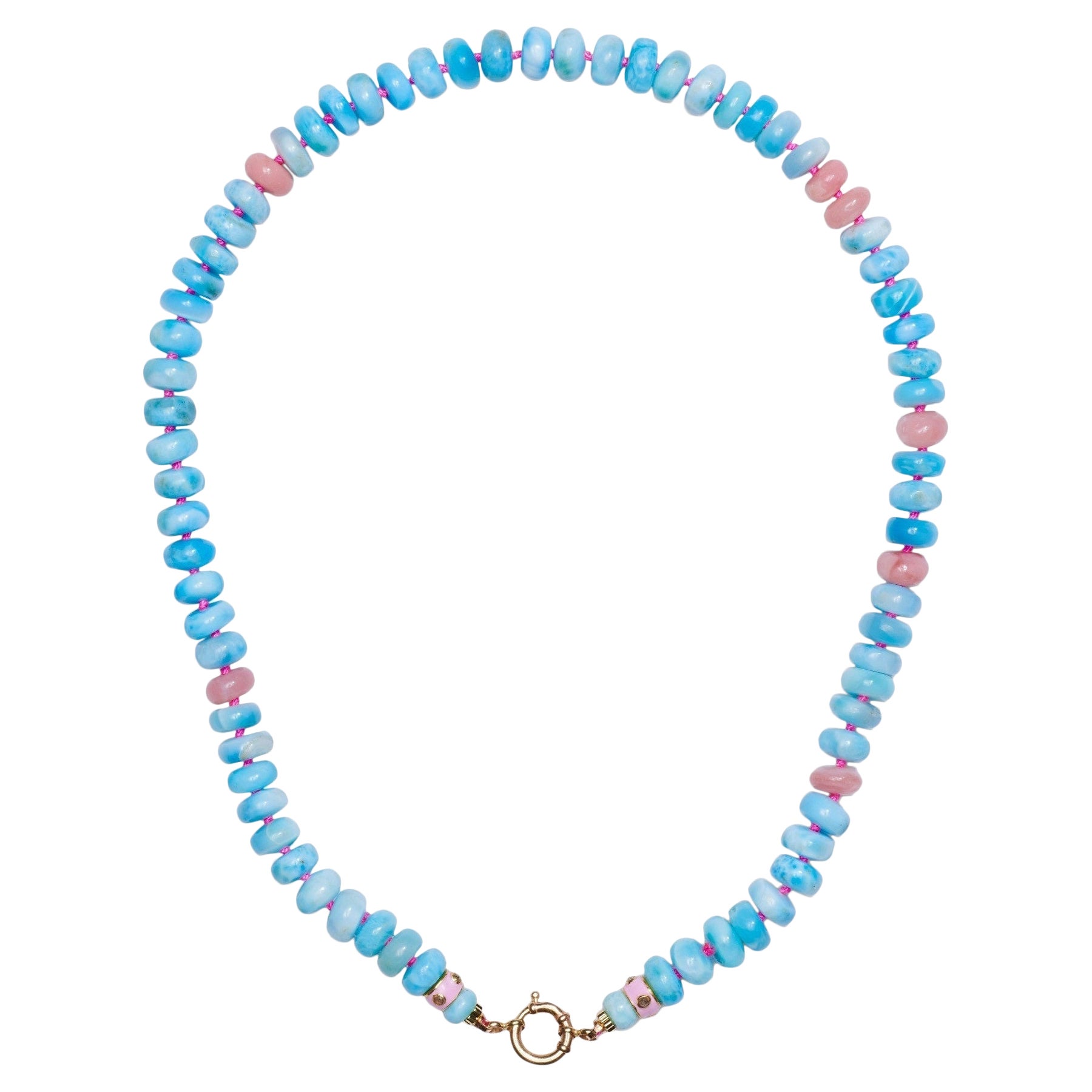 200 Carat Diamond and Larimar Beaded Necklace in 14K Solid Gold For Sale