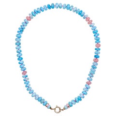 200 Carat Diamond and Larimar Beaded Necklace in 14K Solid Gold