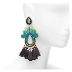 MERCEDES SALAZAR green black Appliqué tassel gold clip on earrings