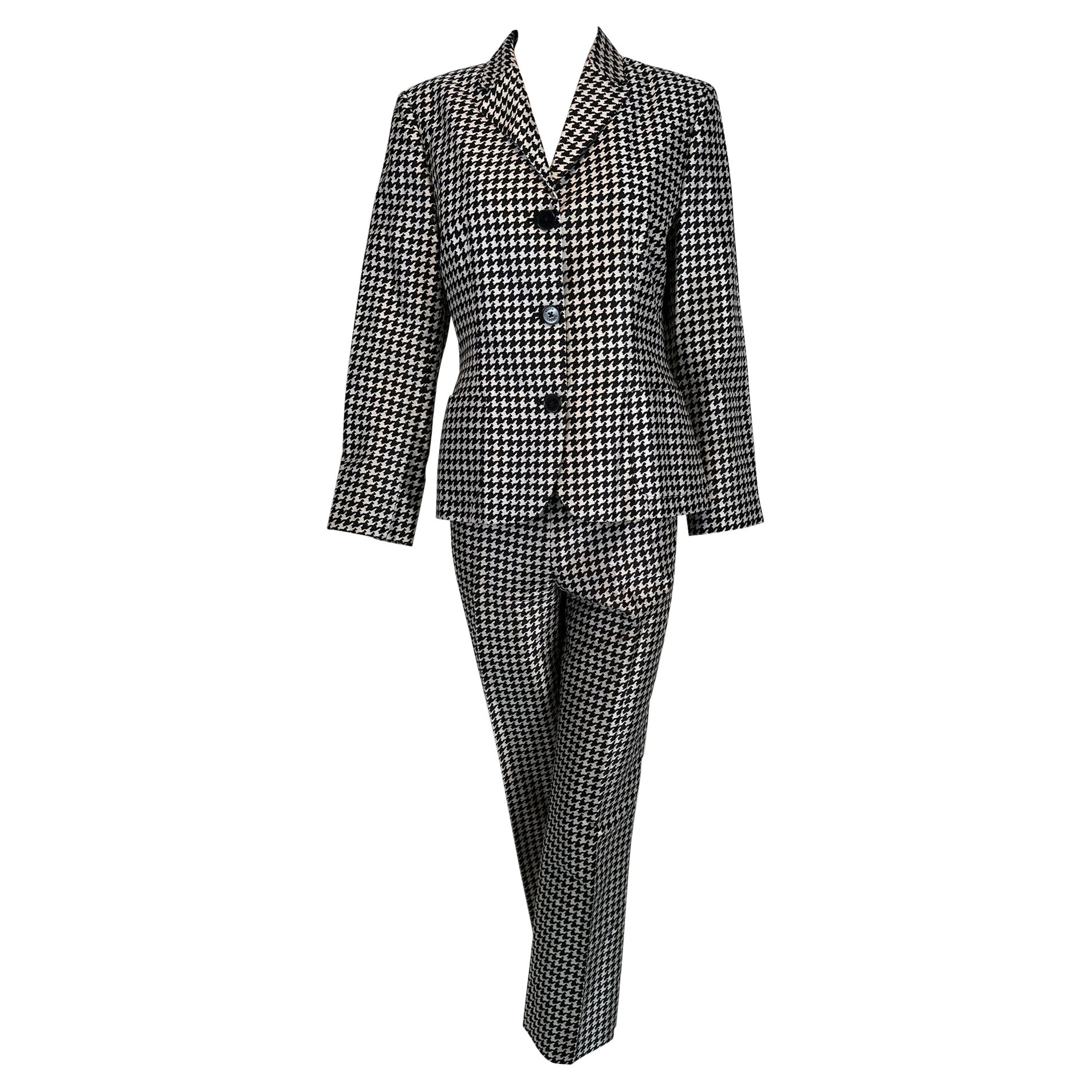 Ralph Lauren Black Label Black & White Silk Hounds Tooth Check Pant Set 10 For Sale