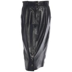 Chanel Vintage Black Leather Gold Button Evening Cocktail Day Midi Skirt