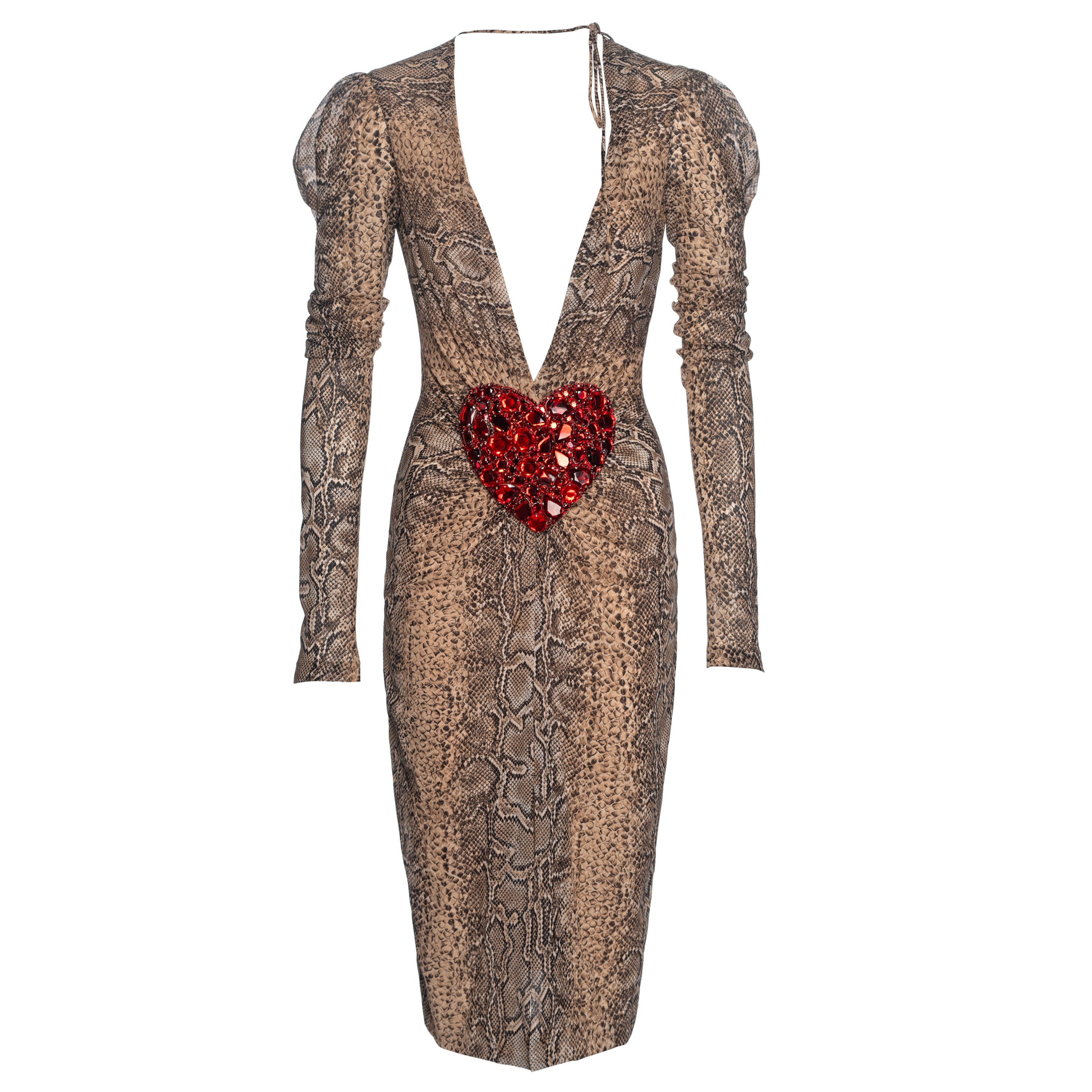 Dolce & Gabbana Snakeskin Print Low Plunge Dress with Crystal Heart, SS 2005 For Sale
