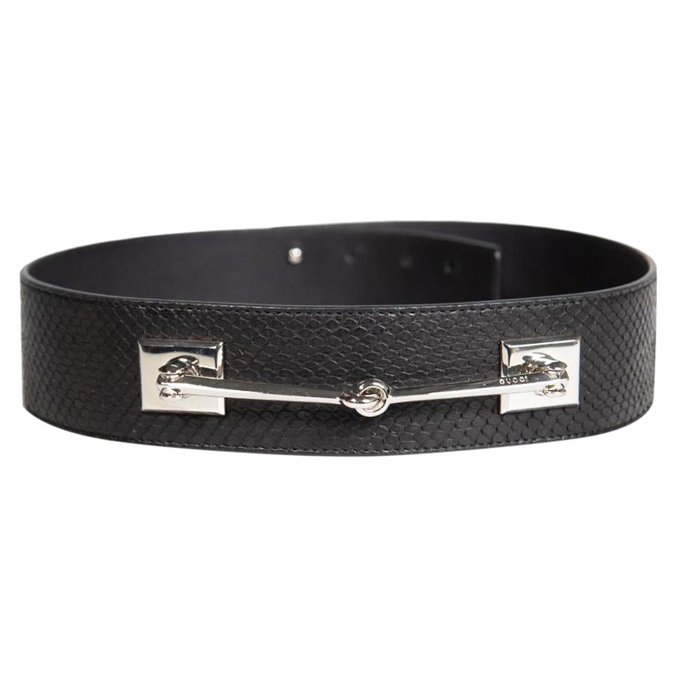 Gucci Black Snakeskin Horsebit Accent Belt For Sale