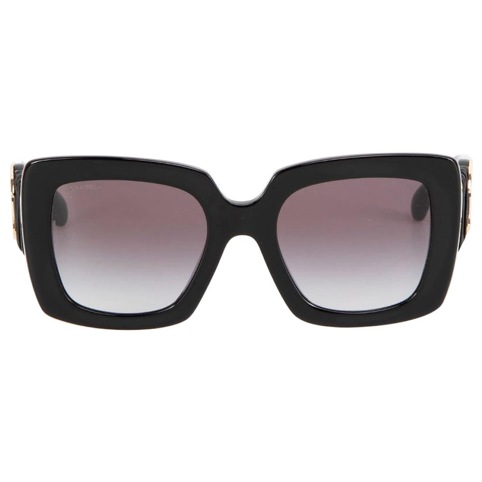 Chanel Black Square Leather Detail Arms Sunglasses For Sale