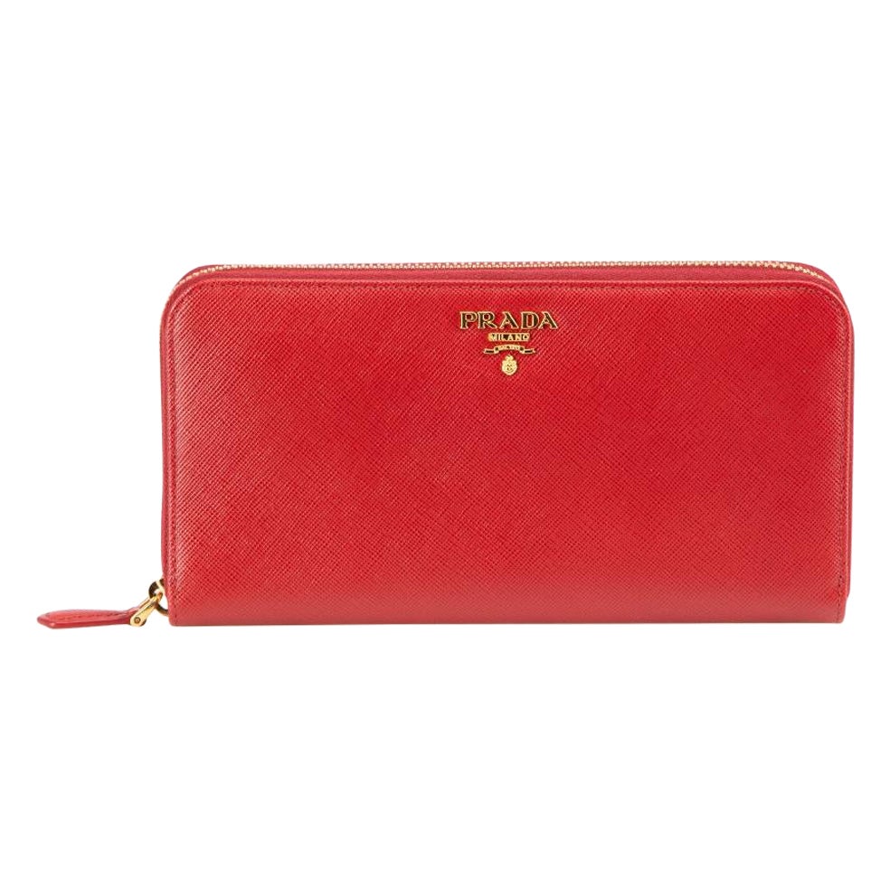 Prada Red Saffiano Leather Zip Around Wallet For Sale