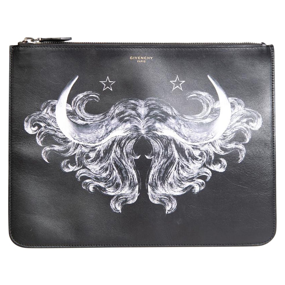 Givenchy Black Leather Graphic Printed Zip Clutch For Sale