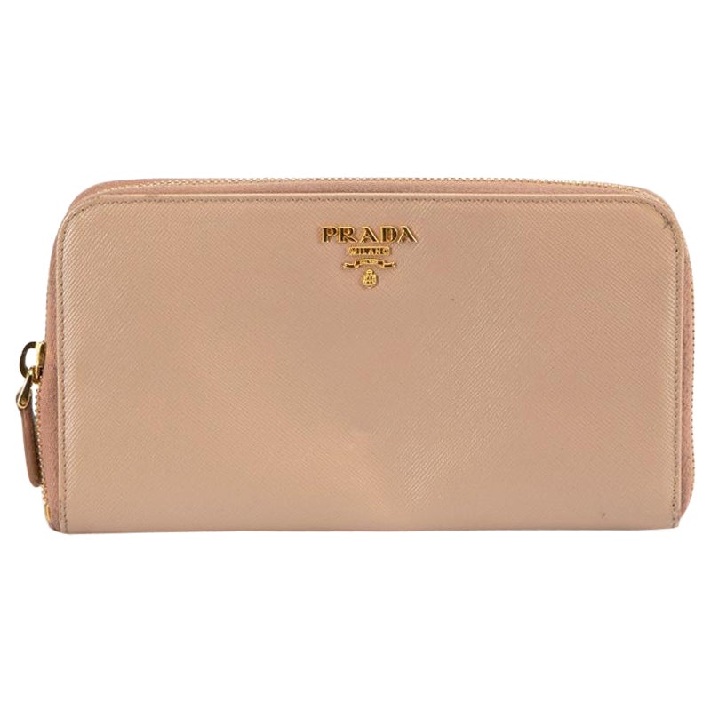 Prada Beige Saffiano Leather Zipped Wallet For Sale