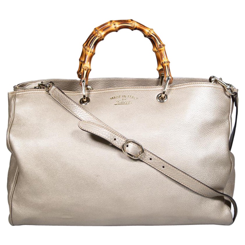 Gucci Taupe Metallic Leather Bamboo Handbag For Sale