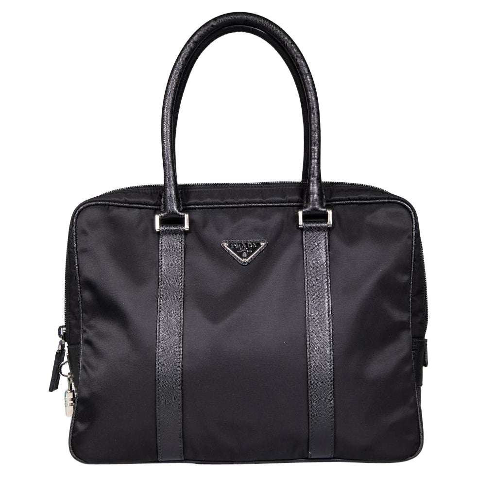 Prada Black Tessuto Saffiano Trim Handbag For Sale
