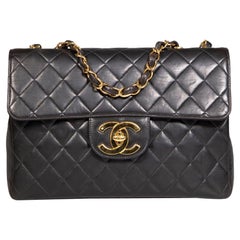 Chanel 1997-1999 Vintage Black Leather 24 Jumbo Classic Single Flap