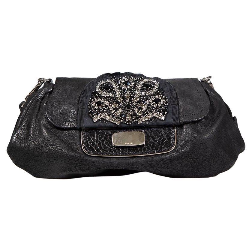 Prada Black Leather Embellished Shoulder Bag For Sale