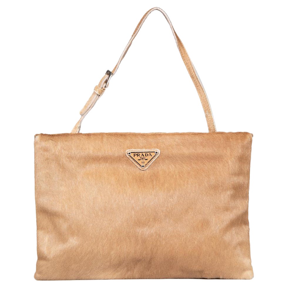 Prada Brown Ponyhair Logo Plaque Top Handle Bag For Sale