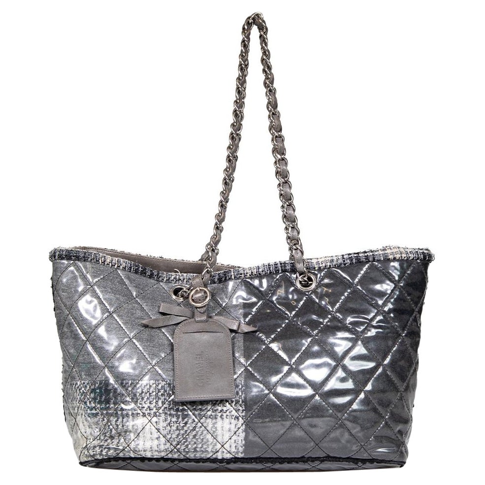Chanel 2009-2010 Grey Quilted Vinyl & Tweed Funny Patchwork Tote For Sale