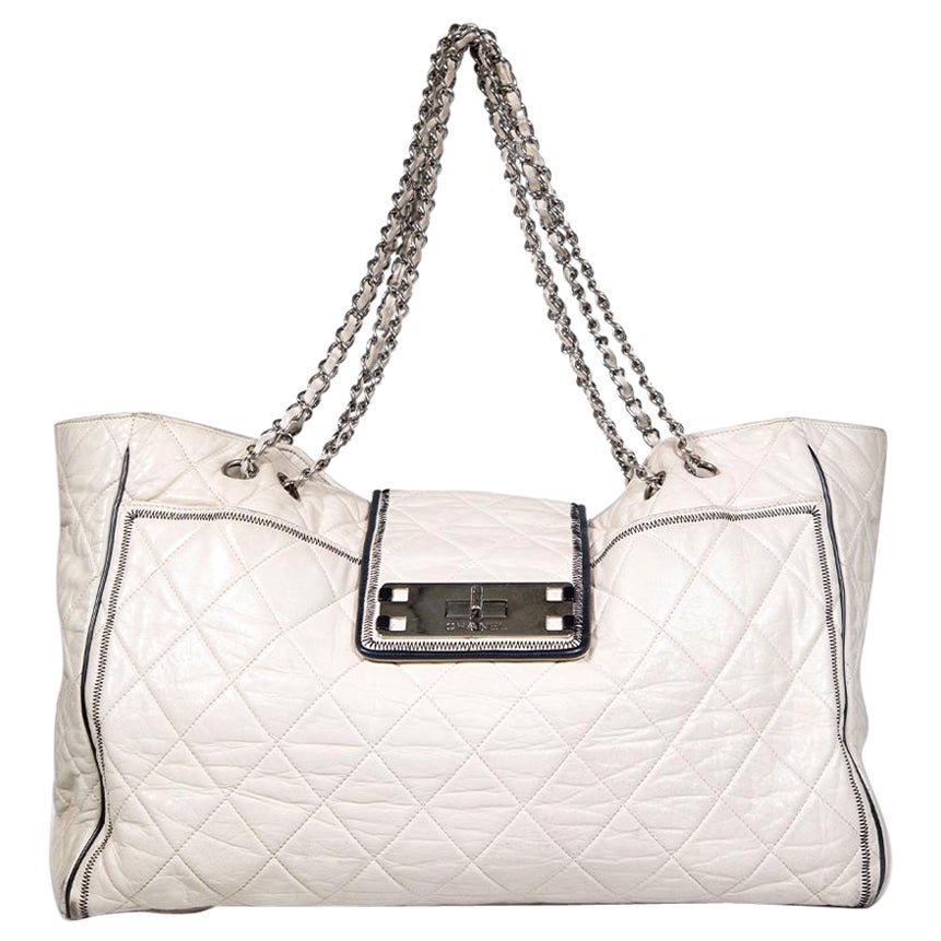 Chanel 2008-2009 Ecru Leather Mademoiselle Lock East West Quilted Tote For Sale