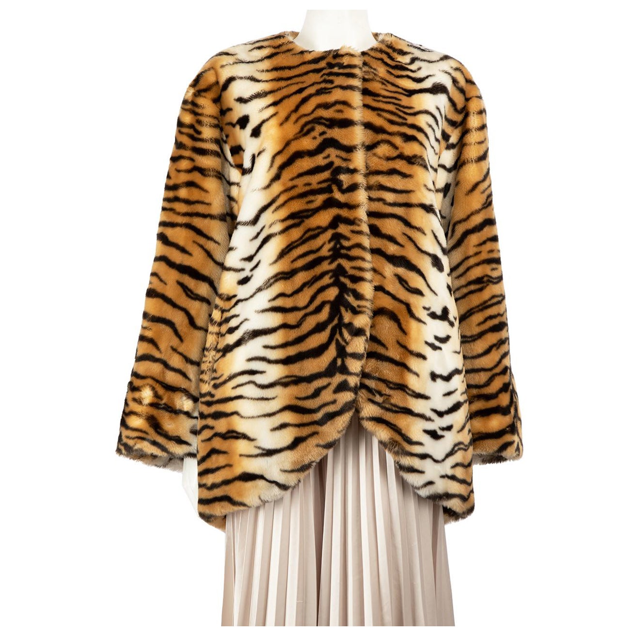 Moschino Brown Tiger Print Faux Fur Coat Size L For Sale