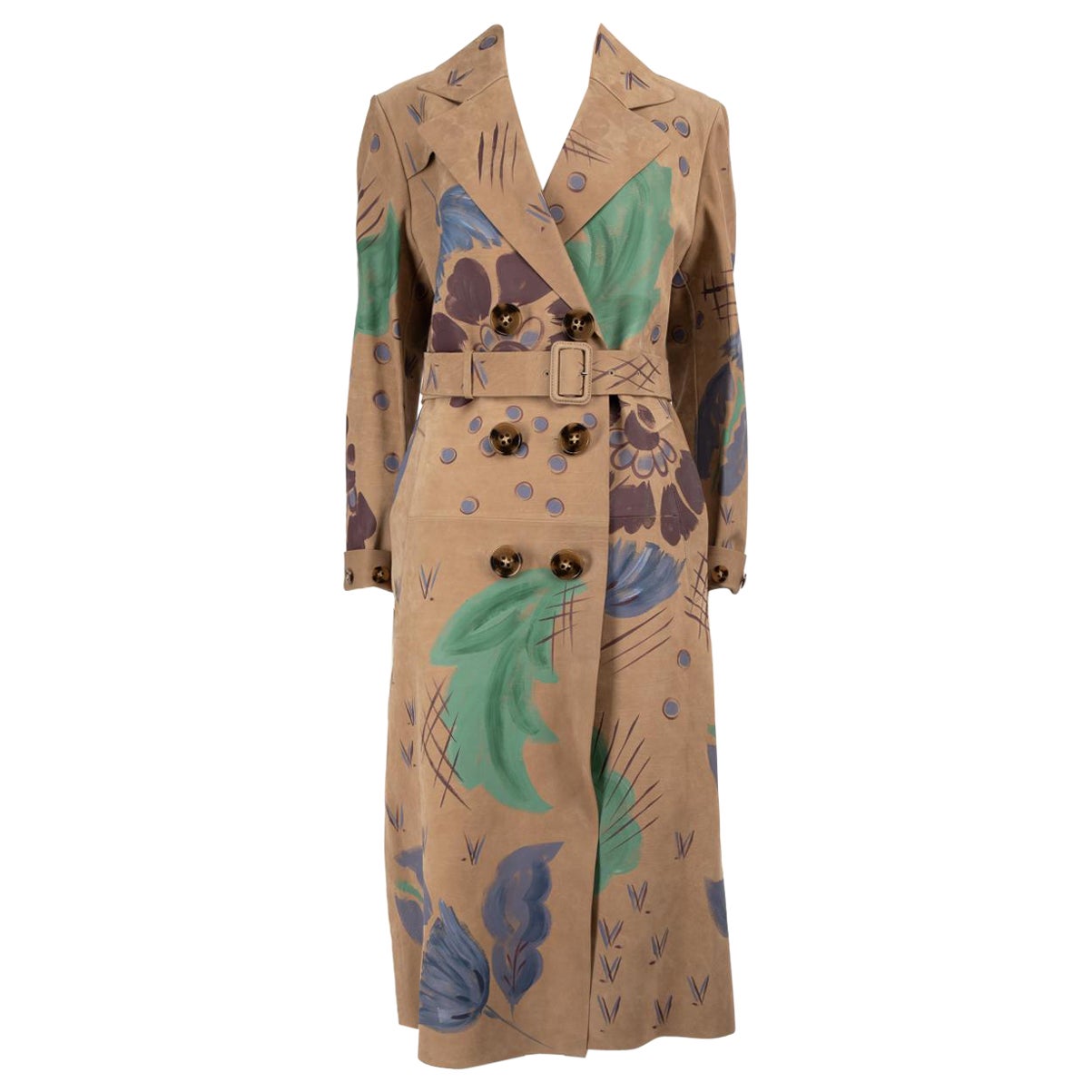 Burberry Brown Leather Floral Painted Trench Coat Size XL For Sale