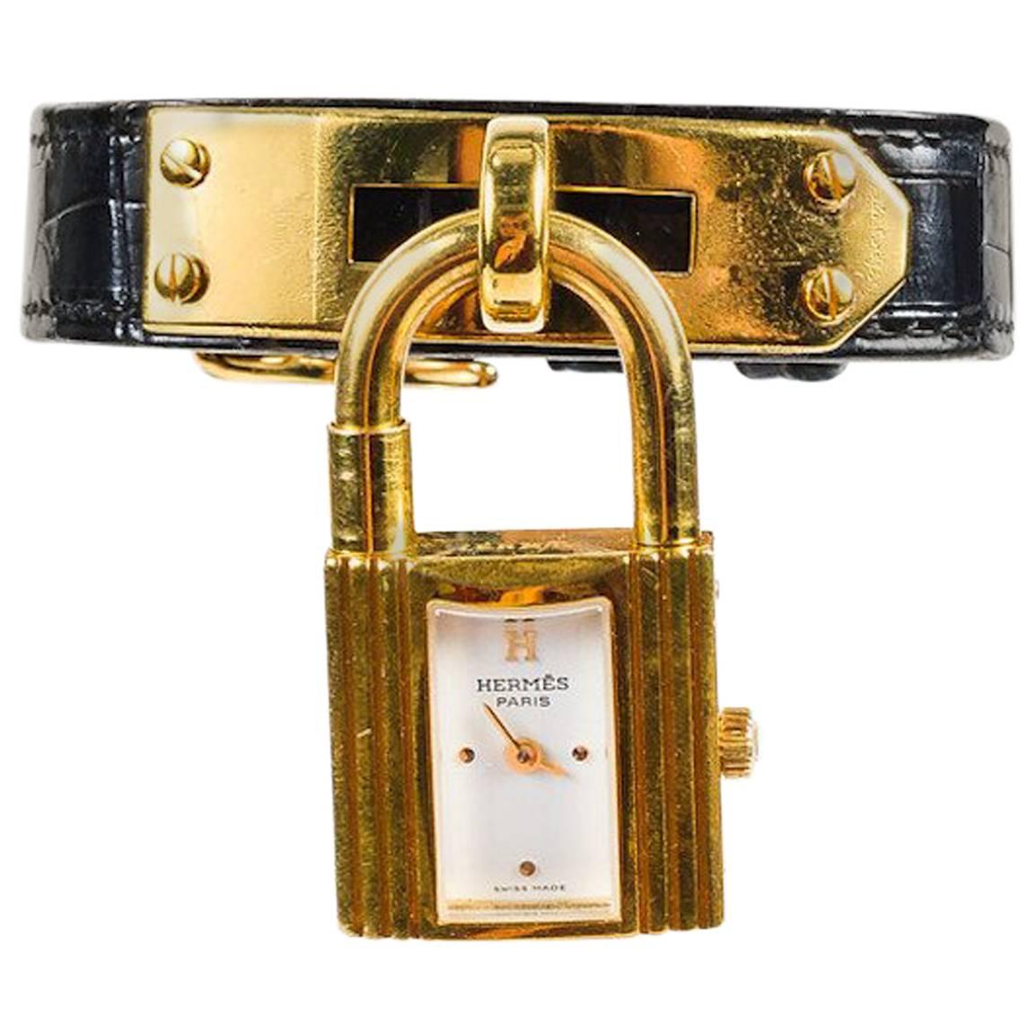 Vintage Hermes Black Alligator Leather Gold Plated Padlock "Kelly PM" Watch For Sale